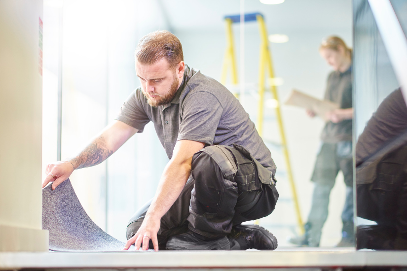 Male carpet fitter changing office carpet tiles