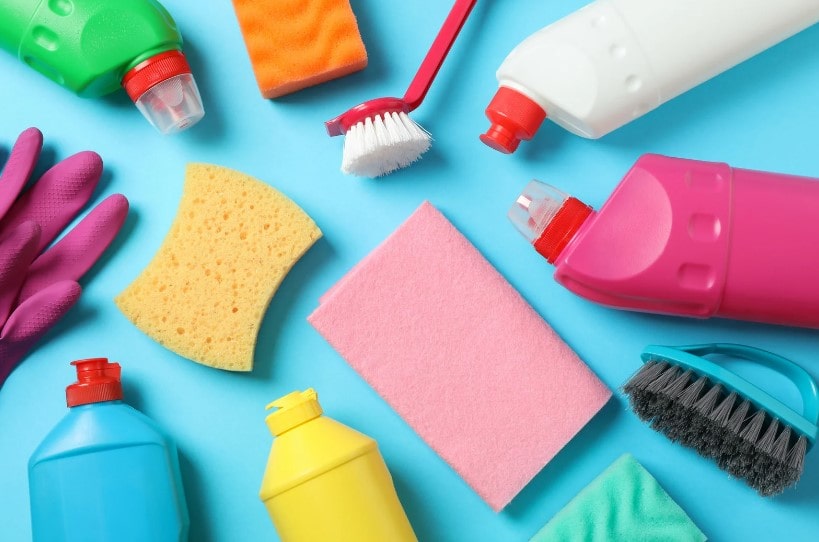 Different cleaning products used in a school for deep cleaning and regular cleaning.
